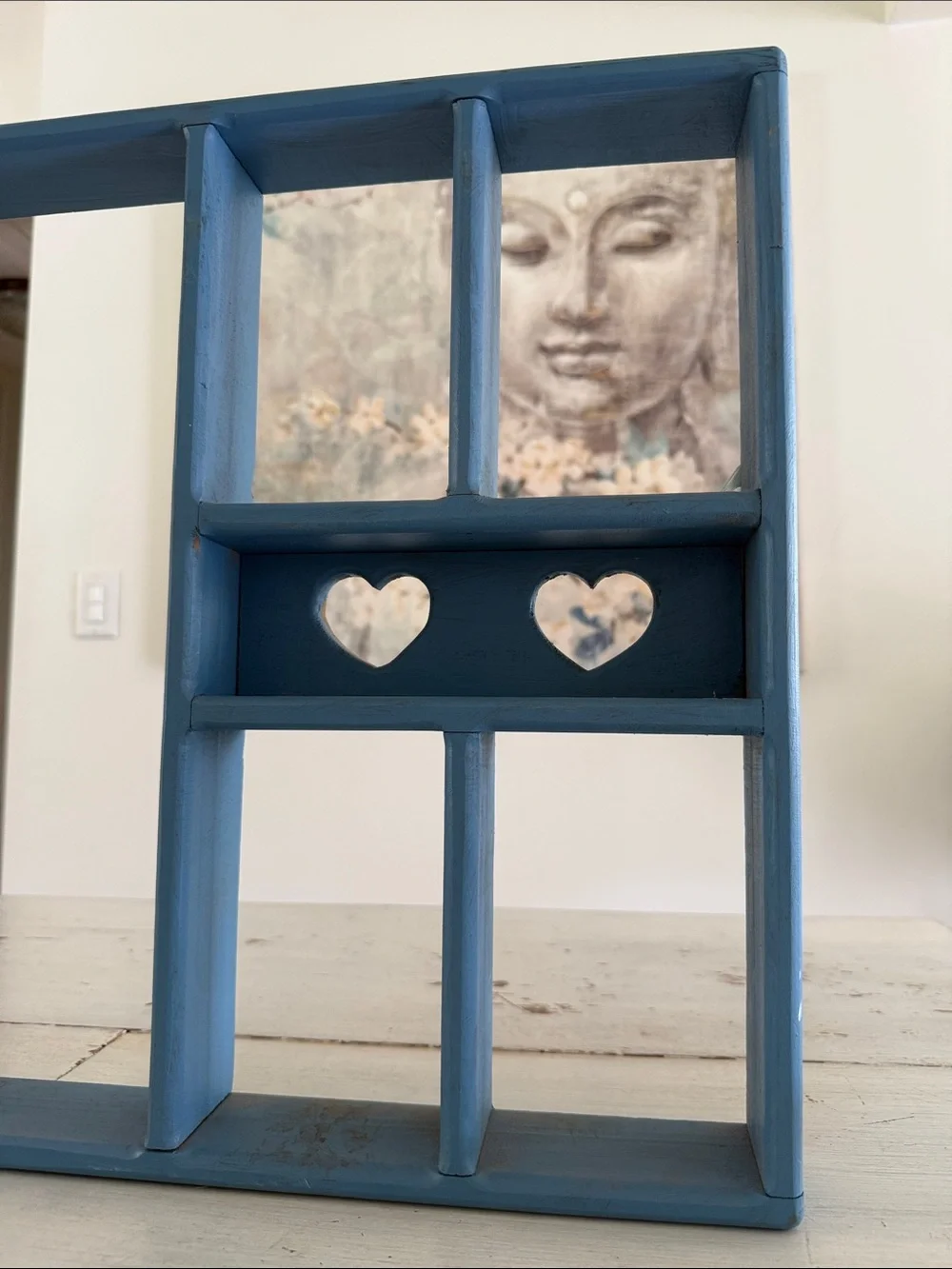Vintage Blue Wooden Multi-Compartment Heart Cutouts Wall Shelf